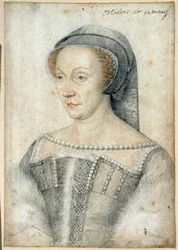 Retrato de Diane de Poitiers, Duquesa de Valentinois (1499 - 1566). Desenho com pedra negra e sangue de François Clouet (1515-1572)
