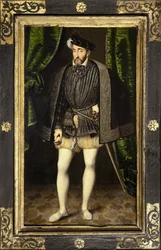 Retrato de Henrique II (1519-1559), filho de François 1st e Claude de France, rei de França de 1547 a 1559, pintura da oficina de François Clouet, feita por volta de 1520-1572, versão reduzida do retrato em tamanho real por François Clouet. Fotografia, KIM
