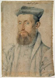 Retrato de Mellin de Saint-Gelais (ou Saint Gelais, Saint Gelays, Saint Gelays, Saint-Gelais, Saint-Gelais, Sainct Gelais) (1495-1558), poeta francês. Desenho com sangue e pedra preta por Clouet Francois (1515-1572), cerca de 1500. Chantilly, Musee Conde