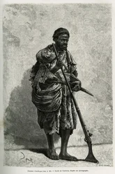Caçador de antílopes. Gravura de Courboin, para ilustrar o Sahara argelino, de V.Largeau, em 1874-1878, publicada no Tour du monde, sob a direcção de Edouard Charton (1807-1890)