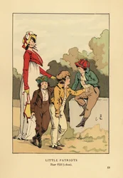 Rapazes de casacos e calças com Merveilleuse em roupão romano com capuz e casaco spencer. Pequenos Patriotas, Ano VIII