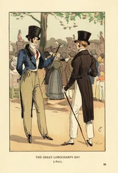 Cavalheiros da moda de cartola e cauda com bengalas. Num grande dia de corrida no hipódromo de Longchamp. Multidões de pessoas e carruagens da moda. O grande dia de Longchamp