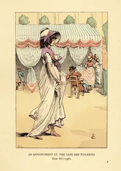 Mulher da moda chegando para um compromisso no Café des Tuileries, Paris, Ano VI