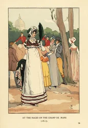 Mulher da moda nas corridas de cavalos no Champ de Mars