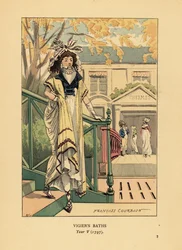 Mulher da moda ou Merveilleuse em frente ao Bains Vigier ou banhos termais de Vigier nas margens do rio Sena, Ano V