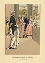 Mulher da moda passeando pela galeria do Palais Royal, Paris, Ano VIII