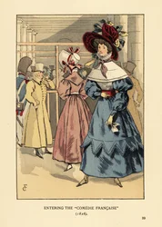 Mulheres da moda em uma peça, Paris. Mulher de chapéu grande com fitas, vestido com gola alta, capa de renda ou pelerine e manga cheia em boina. Entrando na Comedie Francaise