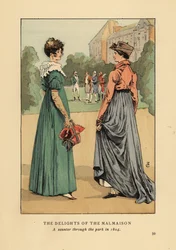 Mulheres da moda a desfrutar das delícias do Chateau de Malmaison. Um veleiro pelo parque em 1804. Litografia colorida por R.V. depois de uma ilustração de François Courboin da Moda de Octave Uzanne em Paris, William Heinemann, Londres.
