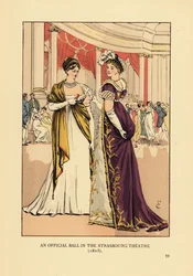 Mulheres da moda em vestidos de baile e turbantes em um teatro. Um baile oficial no Teatro de Estrasburgo