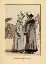 Mulheres da moda com chapéus de penas, golas de rendas e vestidos aparados com pêlo. Atravessando a Pont des Arts, Paris