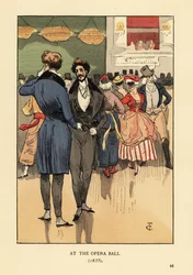 Janotas de casaca, colete, calças justas e meias brancas. Atrás deles, pessoas em trajes de fantasia e máscaras. No Baile da Ópera 1835. Litografia colorida à mão por R. V., a partir de uma ilustração de François Courboin em Fashion in Paris de Octave
