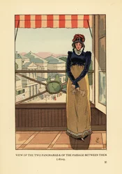 Mulher à janela com vista para o Panoramas e a Passage des Panoramas, na Boulevard Montmartre, Paris