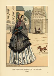 Mulher em frente à fonte na Place Gaillon, Paris. Ela usa um xaile de caxemira com buracos no braço chamado la visite sobre a crinolina dela. O carrefour Gaillon e o chafariz.