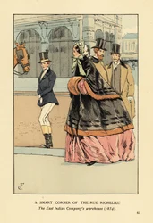 Mulher com capa forrada de pelo e muff sobre uma crinolina larga, com outra mulher em desgaste para cavalgar. Um canto inteligente da rue de Richelieu, o armazém da Companhia das Índias Orientais, Paris.