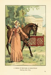 Mulher de vestido de caça, touca e lenço a conduzir um cavalo no Parc de Bagatelle, Bois de Boulogne, Paris