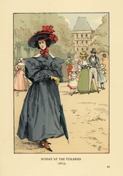Mulher a desfilar no domingo Melhor do parque. Veste um chapéu de aba larga, veste-se com as mangas cheias, botas de tornozelo e carrega um guarda-sol. Domingo no Jardim das Tuileries