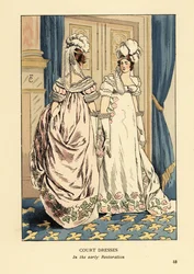 Mulheres com toucas de penas e vestidos bordados luxuosos, corte do rei Luís XVIII, cerca de 1817. Interior com cortinas azuis e tapete Fleur de lys. Vestidos da corte no início da Restauração, Paris. Litografia colorida à mão por R.V. depois de uma ilustr