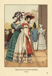 Mulheres vendo a grande paisagem urbana dentro do Panorama de Boulogne, Boulevard Montmartre, Paris