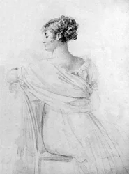 Retrato da Sra. Récamier, giz preto, reflexos de aguarela, por François Gérard.