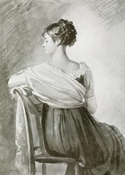 Retrato da Sra. Récamier, giz preto, reflexos de aguarela, por François Gérard.