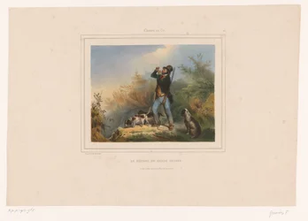 Gamekeeper com três cães de caça
Le départ du garde chasse (título sobre o objecto)
Caçadores com espingardas (título da série)
Chasses au Tir (título da série sobre o objecto)