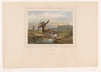 Hunter tropeça em uma ponte estreita La chûte (título no objeto) Caçadores com armas (título da série) Chasses au Tir (título da série no objeto)