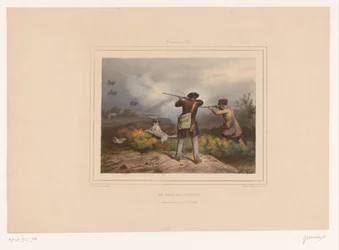 Dois caçadores atirando em perdizes Le jour de guignon (título no objeto) Caçadores com armas (título da série) Chasses au Tir (título da série no objeto)