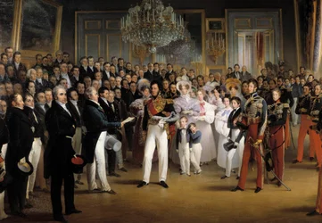 Revolução de 1830: "A Câmara de Deputados apresenta ao Duque de Orleães, Luís Filipe I (1773-1850), o acto que o chama ao trono e a Carta de 1830, no Palácio Real, em 7/08/1830" Detalhe. Pintura de François Joseph Heim (1787-18