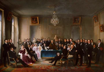 François-Guillaume Andrieux Lendo sua Tragédia Junius Brutusin the Foyer…, 26 de maio de 1828, c. 1847.