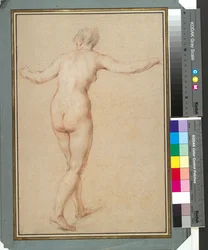 Fêmea Nua em Pé Vista de Trás, c.1722 (giz vermelho, preto e branco sobre papel)