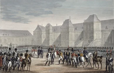 A abdicação de Napoleão e sua partida de Fontainebleau para Elba, 20 de abril de 1814
