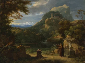 Santo António de Pádua apresenta dois noviços aos frades numa paisagem montanhosa