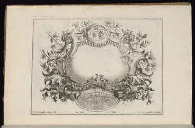 Cartouche com folhas de vinho e uvas, Livre de Cartouches Reguliers (Livro de Cartouches Regulares)