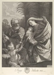 A Fuga para o Egito, a Sagrada Família caminhando junto, São José apontando para o..., c. 1648-81.