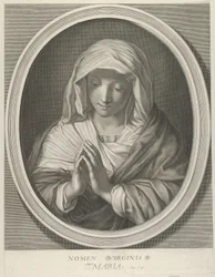 A Virgem em oração olhando para baixo, em uma moldura oval, depois de Reni, 1640-93.