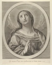 A Virgem em oração, olhando para cima com nuvens atrás dela, em uma moldura oval, depois de Reni, ..., 1648-81.