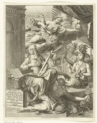 Alegoria com personificações femininas de, entre outras coisas, a verdade e virtudes e vícios Página de rosto para: Johannes van der Kemp, O cristão totalmente possuído por Cristo na vida e na morte, mostra em cinquenta e três sermões sobre o Santo