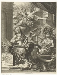 Alegoria com personificações femininas da verdade e possivelmente virtudes e vícios, entre outros
Página de título para: Johannes van der Kemp, O cristão total e inteiramente propriedade de Cristo em vida e morte, mostrado em cinquenta e três sermões o