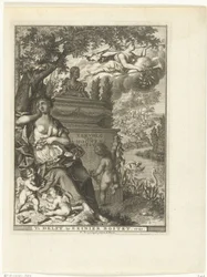 Musa e putti sentar-se no monumento de sepultura do poeta Arnold Moonen
Página de título para: Arnold Moonen, Vervolg der poëzye, Delft 1720
Continuação da Poesia de A. Moonen (título sobre o objecto)