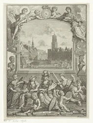 Paisagem urbana com Dom Church em Utrecht e alegoria com Minerva e virtudes