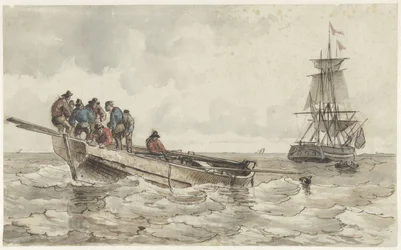 Oito homens em um barco a remo perto de um veleiro