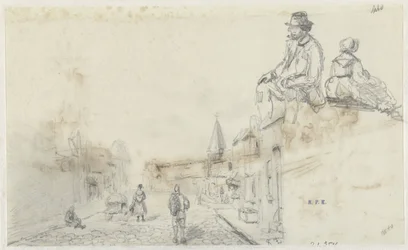 Esboços de uma rua e de duas pessoas sentadas