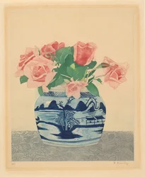 Rosas rosa num frasco de gengibre com decorações chinesas