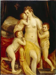Alegoria da Caridade. Três crianças com expressões compassivas aproximam-se ternamente da sua mãe com uma cara triste para a consolar. Pintura por Frans Floris a virilha (1519-1570), óleo sobre madeira. Arte holandesa