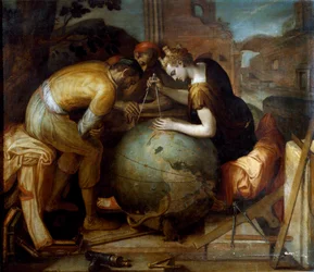 Geometria. Alegoria e personificação da Geometria segurando um compasso sobre um globo. Diferentes instrumentos geométricos estão dispostos em primeiro plano. Pintura de Frans Floris (1515-1570). Arte flamenga. Colecção particular, Génova.