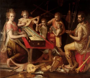Music Characters vetus tem o antigo ambiente de instrumentos musicais que compõem uma alegoria. Pintura de Frans Floris (1515-1570) Genes do século XVI, coleção particular