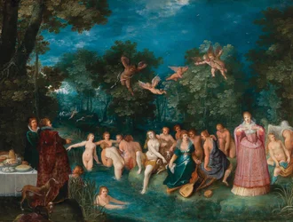 Diana e suas ninfas tomando banho, com uma caça ao veado ao fundo, ca 1606.