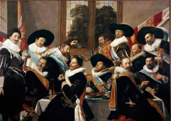 Banquete dos Oficiais do Corpo de Oficiais de Pintura de São Adrien de Haarlem de Franz Hals (ca. 1580-1666) 1627 Sol. 266,5x183 cm Haarlem, Museu Frans Hals, Holanda
