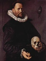 Retrato de um homem segurando uma caveira