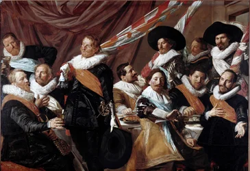 O Banquete dos Oficiais do Corpo de Arqueiro de São Jorge de Haarlem Pintura de Franz Hals (ca. 1580-1666) 1627 Sol. 179 x 257,5 cm Haarlem, Museu Frans Hals, Holanda